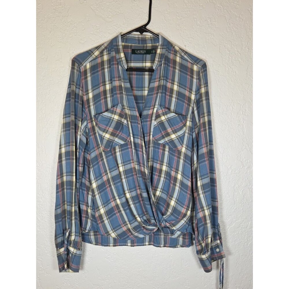 Lauren Ralph Lauren Faux Wrap Plaid Long Sleeve V Neck Fall Preppy Large